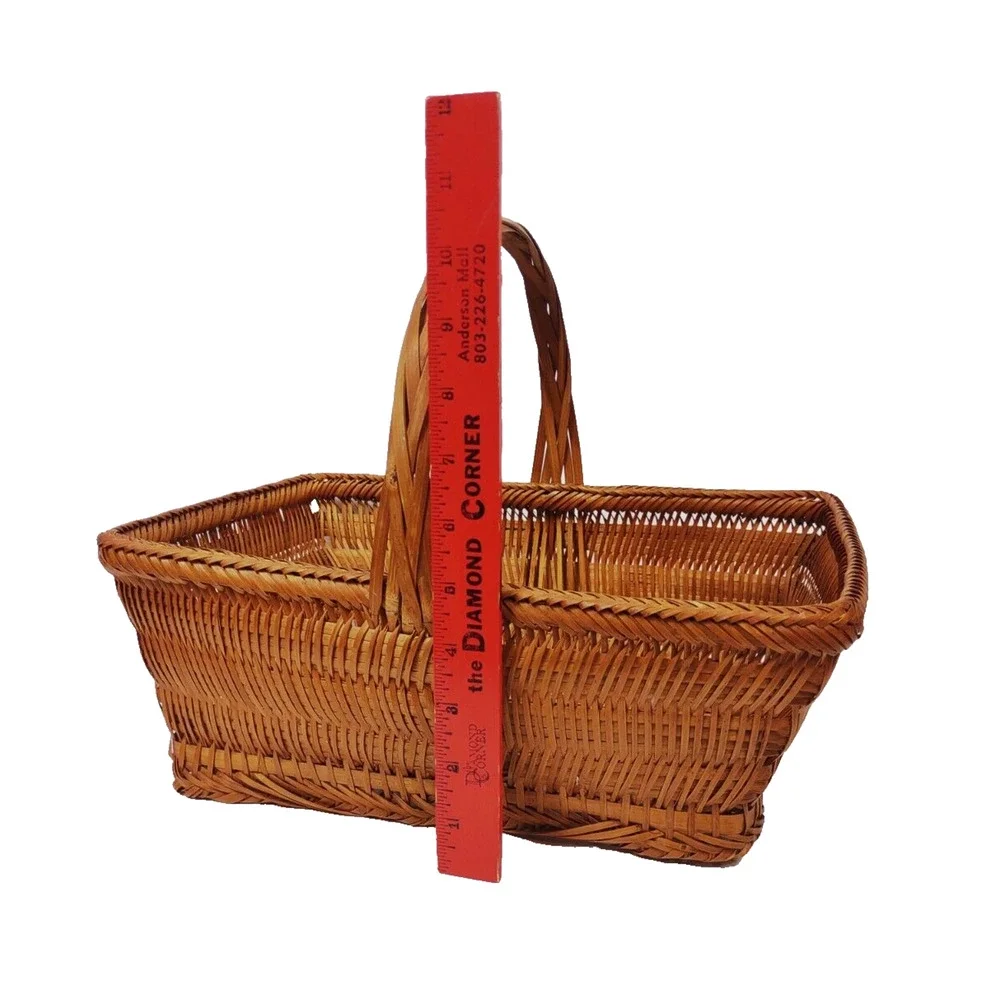 Antique Chinese Split Bamboo Handmade Woven Gathering Basket with Handle 14